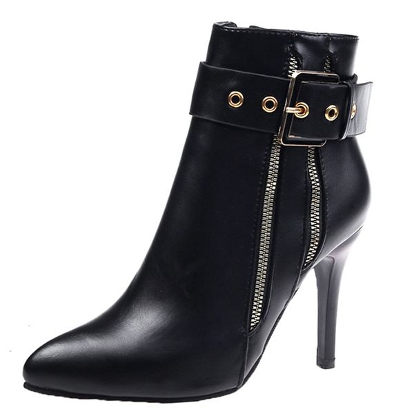 

women's stiletto high heel pointed ankle bare boots buckle casual short booties slim high heel buckle pointed ladies boots f108, Black