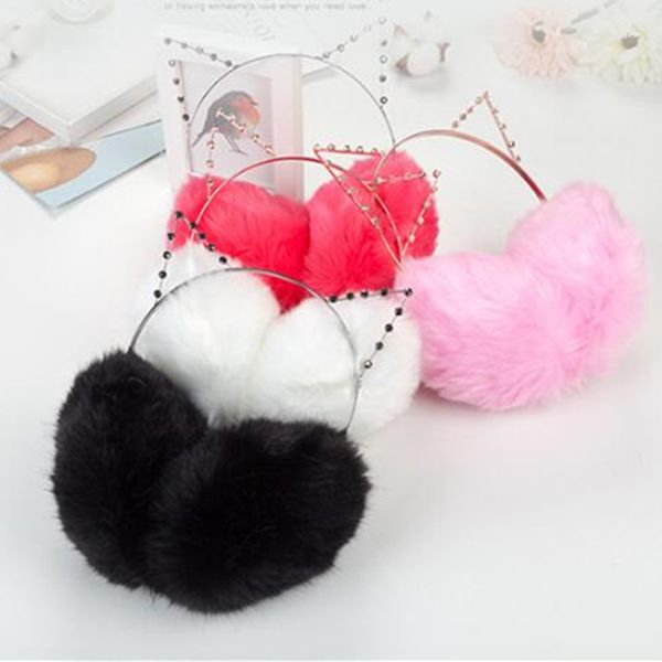 

plush fur cute cat earmuffs for women winter warm girl solid ear covered 2 in 1 cats hairbands rhinestone ear muffs, Blue;gray