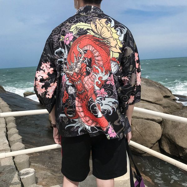 

brand hip hop men streetwear jacket chinese fire dragon print harajuku kimono jacket japanese summer short thin gown japan style, Black;brown