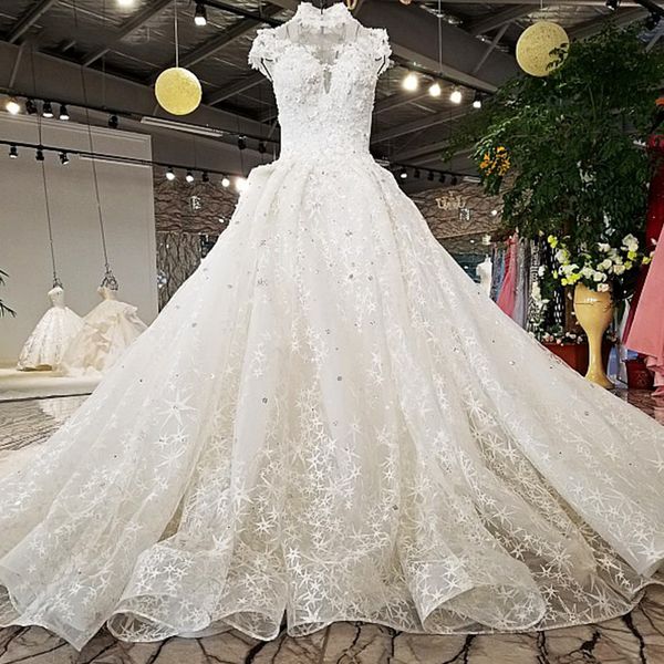 

свадебное платье 2019 новое прибытие свадебное платье из китая короткие рукава высокая шея открытая спина звезда кружева органза юбка тюль д, White
