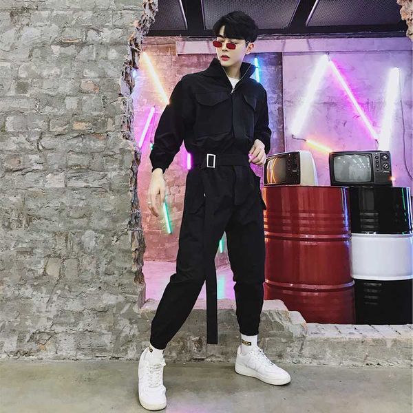 

male casual long sleeve hooded jumpsuit pant tooling cargo trousers men fashion streetwear hip hop harem pant overalls, Black
