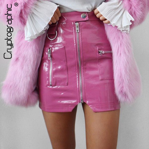 

cryptographic pu leather high waist skirt zipper fake pockets streetwear fall winter split pink mini skirts bodycon short, Black