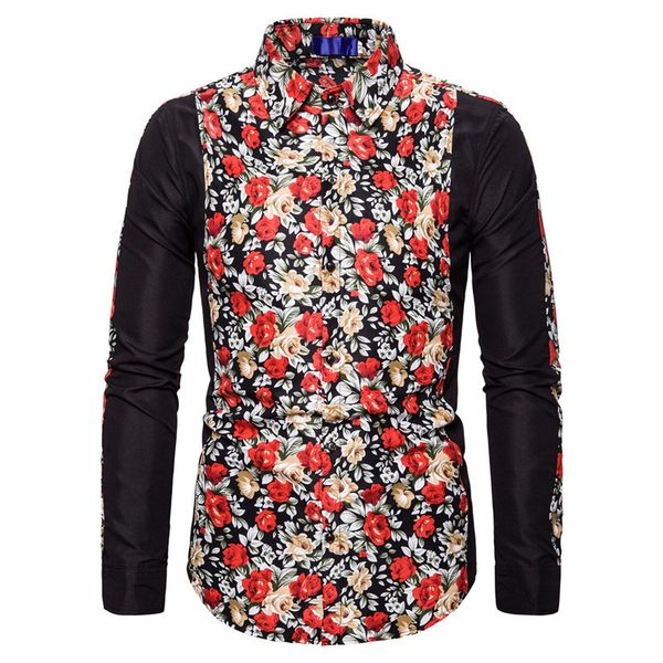 

fashion patchwork floral shirt men 2019 autumn new slim fit long social shirt mens casual button down dress shirts chemise homme, White;black