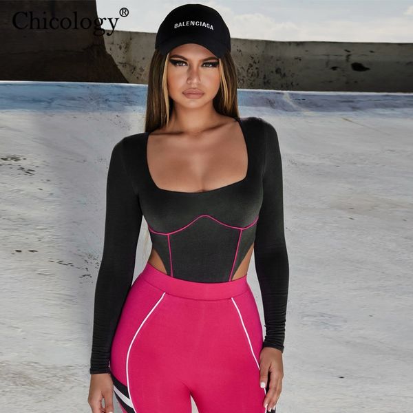 

chicology reflective neon stripe long sleeve body suit women bodysuit 2019 summer streetwear female clothes festival outfit, Black;white