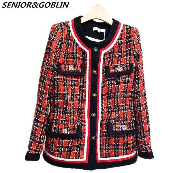 

2019 autumn winter tweed jacket coat women's round collar long sleeve red plaid patchwork woolen elegant runway overcoat jackets, Black