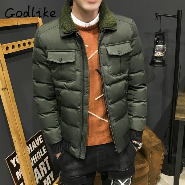 

winter new men's fashion business casual long sleeve pure cotton pure wool collar with multiple pockets thickened padded coat, Black