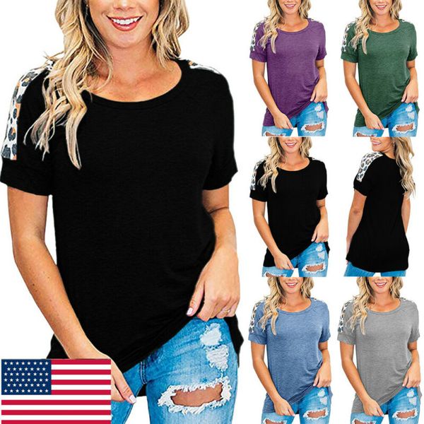 

2020 new fashion women leopard patchwork t-shirt ladies short sleeve casual blouse basic tee plus size m-3xl, Black;blue