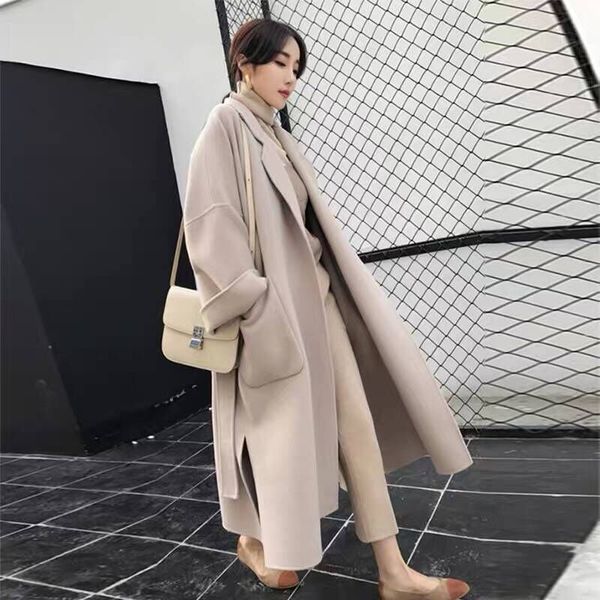 

fashion women wool coat winter warm long woolen coat fashion loose batwing blend trench outwear clothing, Black