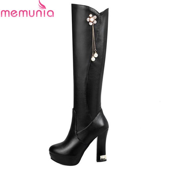 

memunia 2020 new arrival pu leather knee high boots for women round toe zipper high heels platform boots autumn winter shoes, Black