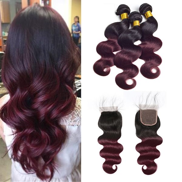 

ombre body wave bundles with closure burgundy brazilian hair weave bundles with closure 1b/99j ombre human hair 3 bundles with closure, Black