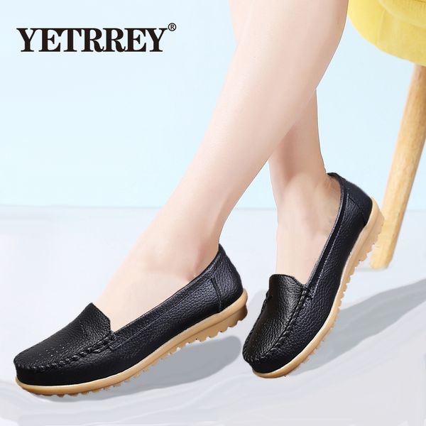 

yetrreg 2019 new women's flat shoes soft genuine leather women's shoes fashion loafers autumn casual big size 36-41, Black