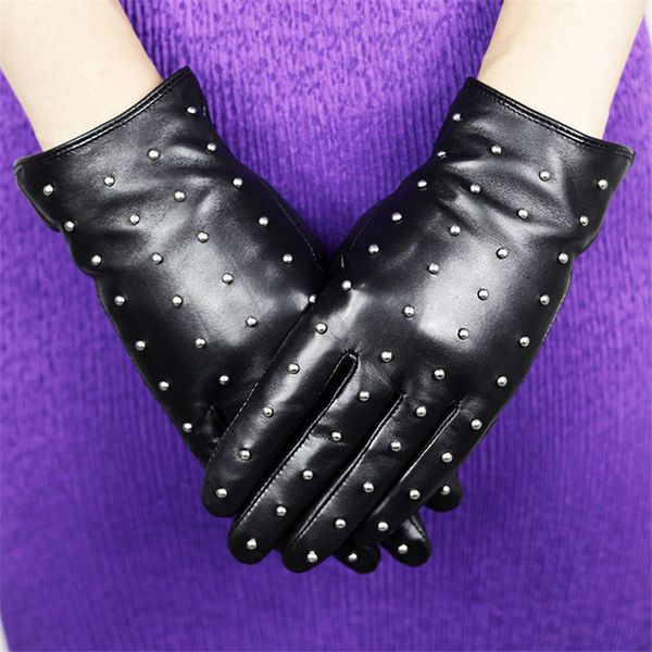 

new women' sheepskin genuine leather gloves rivet autumn winter warm plush fashion black driving gloves female xc-205, Blue;gray