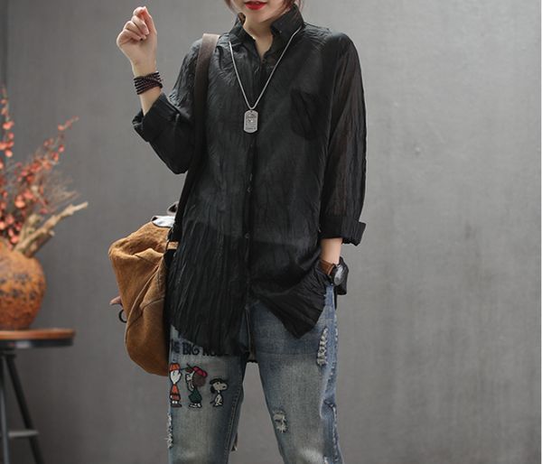 

spring blouse retro loose casual women shirt turn-down collar cardigan button solid color blouse 2019 new ladies shirt, White
