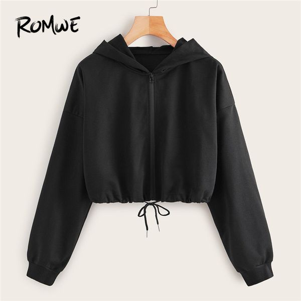 

romwe solid drawstring hem zip-up hoodies women clothes fall 2019 long sleeve crop ladies casual black sweatshirt