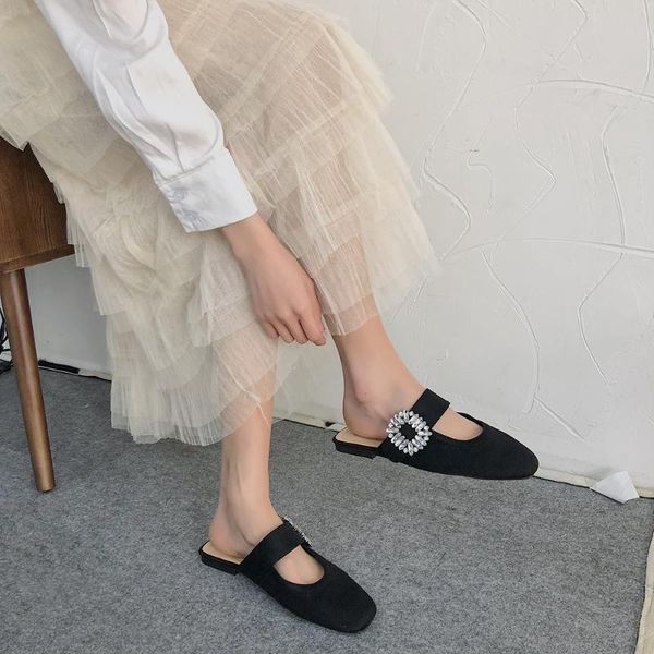 

2020 spring new korean version of wild rhinestone half slippers female flat sandals and slippers fairy style single shoes tide, Black