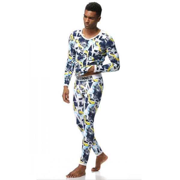 

men's underwear pure cotton printed housewear thin basic men's warm underwear suits long johns(for a set, Black;white