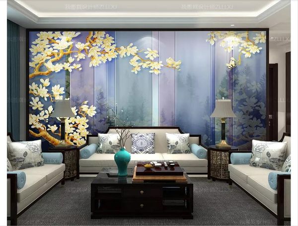 Papéis de parede 3D personalizado home decor photo wallpaper Retro Novo Chinês Estilo Chinês Clássico Magnolia Orquídea Tinta Paisagem Fundo Parede