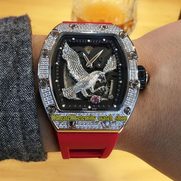 

version rm 23-02 diamonds case eagle pattern skeleton dial miyota 6t51 automatic rm23-02 mens watch rubber strap sport luxury watches, Slivery;brown