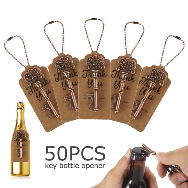 

50pcs metal key beer bottle opener wine ring keychain wedding party favors vintage kitchen accessories antique gifts for guests, Slivery;golden
