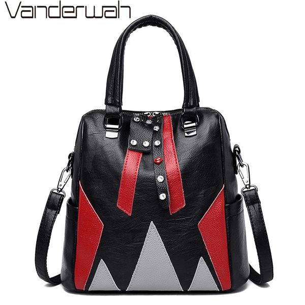 

многофункциональный rivet сращивание рюкзаки женщина студенты ранцы для девочек мягких кожаных сумок плеча для женщин дорожной сумки сак