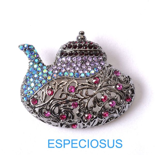 

exaggerated jewelry rhinestone brooch hallow teapot mix color lady gifts ornament black laquer plated alloy breast pin garments, Gray