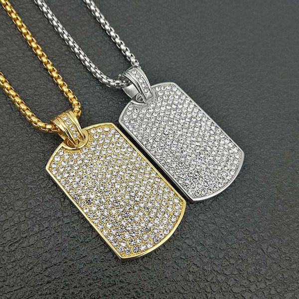 

stainless steel geometric square dog tag pendant necklace full rhinestone paved bling iced out men hip hop rapper jewelry gift, Silver