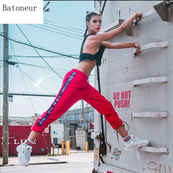 

red autumn winter trousers sweatpants women street joggers womens casual side letter printing loose mid waist pants, Black;white