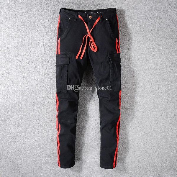 

mens jeans designer streetwear large pocket denim pants fashion drawstring red stripe printed jeans hip hop skinny zipper jeans black, Blue