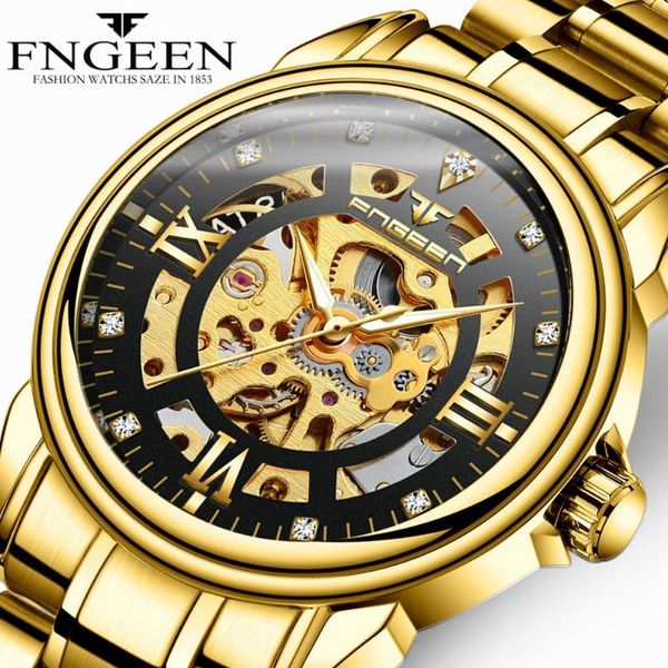 

wristwatches watches men 2021 fngeen mens steel gold automatic mechanical watch hollow diamond skeleton, Slivery;brown
