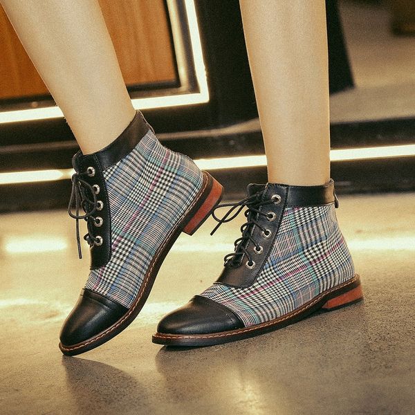 

british style ankle boots for women with platform pointed plaid laced women's boots fashion bumper toe women autumn winter, Black