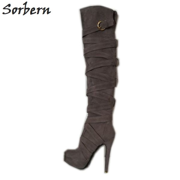 

grey knee high women boots high heel strap wrapped leg custom platform wide fit boots ladies for the winter, Black