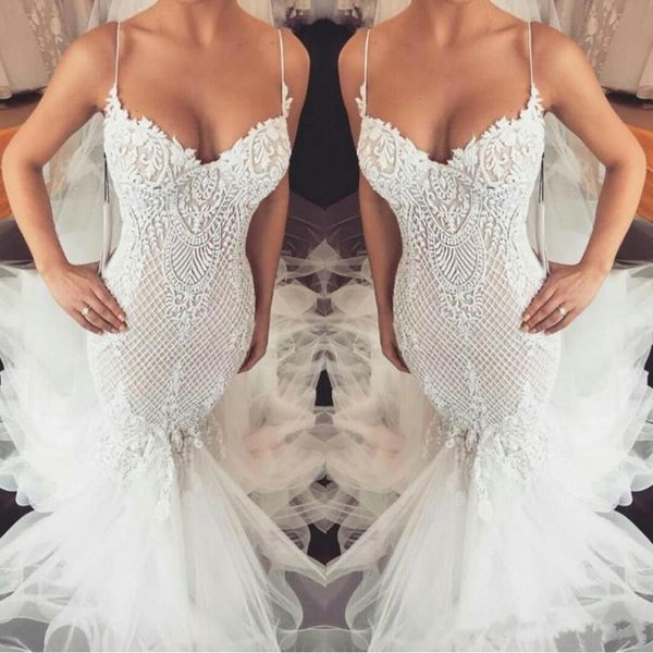 

spaghetti wedding dresses mermaid sleeveless lace tulle sweep train applique wedding dress vestido de novia bridal gowns, White