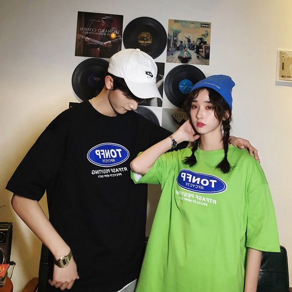 

2019 summer new style boy's couple clothes hong kong style summer wear loose-fit printed simple men and women couples short slee, White