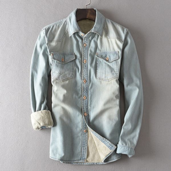 

autumn winter slim warm camisas hombre vestir thick vintage velet lining winter denim shirts pure cotton plus velet men wholesale, White;black