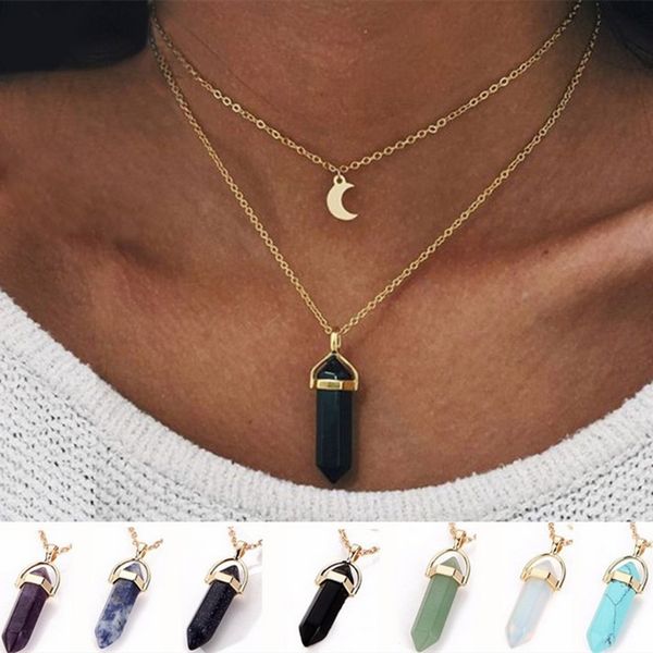

natural stones moon pendants necklace double layer gold link chains women crystal quartz bullet hexagonal prism point healing charm jewelry, Silver