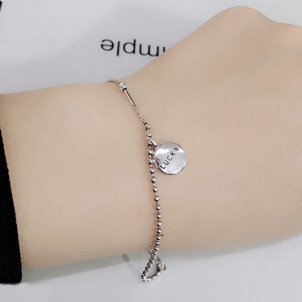 

cool smooth engraved good lucky lettered bracelet women simple hipster sweet snake bones chain letter bead bracelet, Black