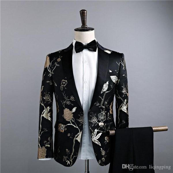 

2018 новый черный тонкий двухсекционный пиджак брюки костюм золотые листья вышивка ночной клуб певица выпускные костюмы s-2xl, White;black