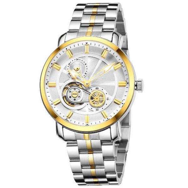 

hollow-out automatic mechanical watch fashion business tourbillon watch waterproof 30m trend leisure men's watch stainless steel watchb, Slivery;brown