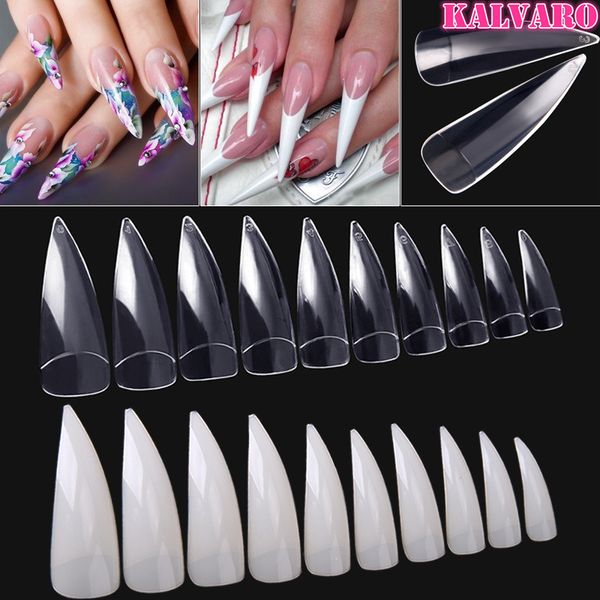 

kalvaro wholesale extra long french nail extreme stiletto sharp white/clear/natural fake nails faux ongles acrylic manicure tips, Red;gold