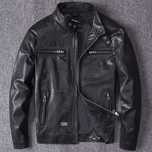 

tcyeek spring autumn genuine leather jacket men streetweaar 100% real sheepskin coat man moto biker vintage leather jackets 2811, Black