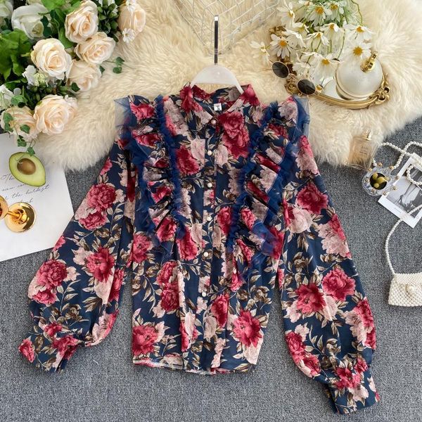 

french vintage floral print blouse shirt female autumn new style mesh ruffle trim wild western style women shirts, White
