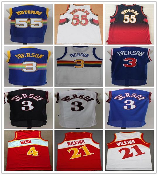 

stitched basketball dikembe 55 mutombo jersey retro blue rainbow allen 3 iverson shirts college spud 4 webb dominique 21 wilkins jerseys, Black