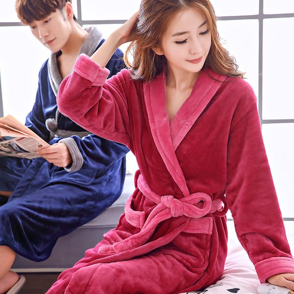 

lovers coral fleece bath robe autumn winter warm sleepwear women men thicken bathrobe lounge nightgown kimono home clothes, Black;red