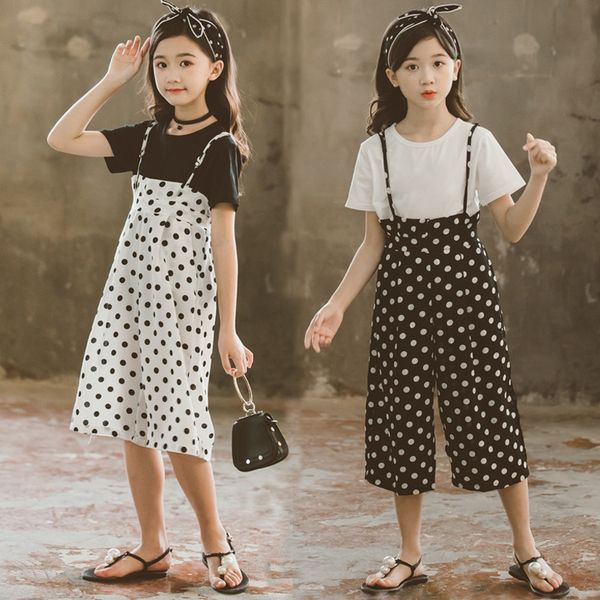 

teenagers wear girls outfits fashion new round neck short sleeve polka dot pants vetement t-shirt overalls 2pcs clothes sets, White