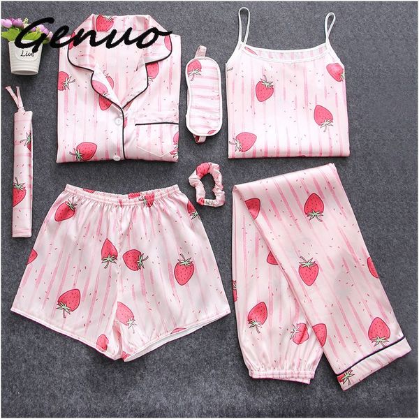 

genuo 7 pieces womens silk satin pajamas sets pyjamas set sleepwear pijama pajamas suit female sleep two piece set loungewear, Black;red