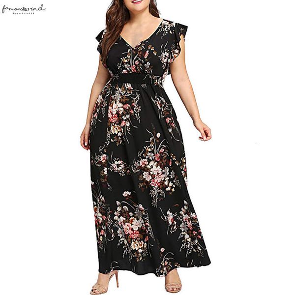 

women plus size summer 5xl summer beach chiffon dress v neck floral print boho sleeveless party elegant maxi dress hip n4, Black;gray