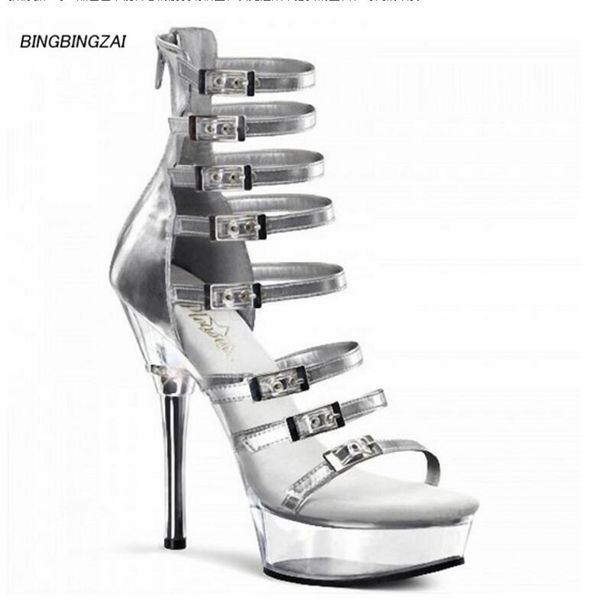 

sandals bbzai pattern superior quality super high heel ladies shoes 15cm transparent nightclub thin heels 34-45 46, Black