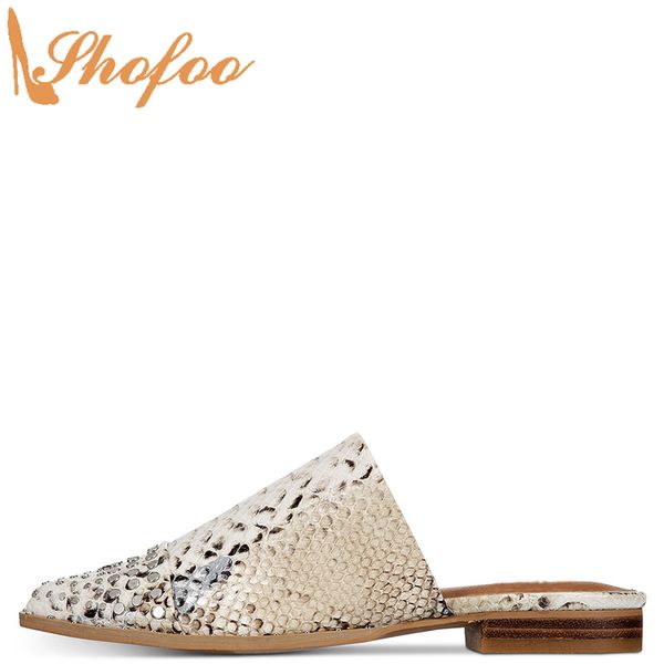 

natural snake skin women mules outside slippers low heels rivet pointed toe large size 13 16 ladies fashion mature shoes shofoo, Black