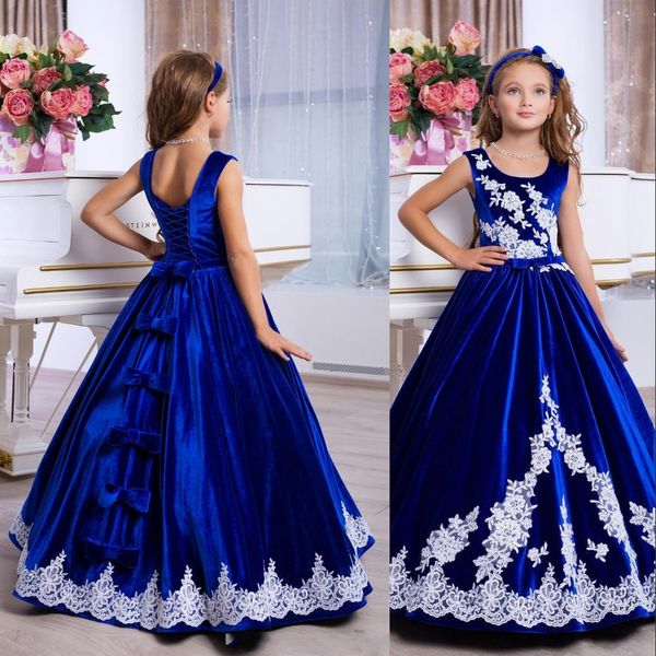 Novo concurso real de princesa azul royal Veet Vestido de bola de pescoço de jóia Apliques de renda branco