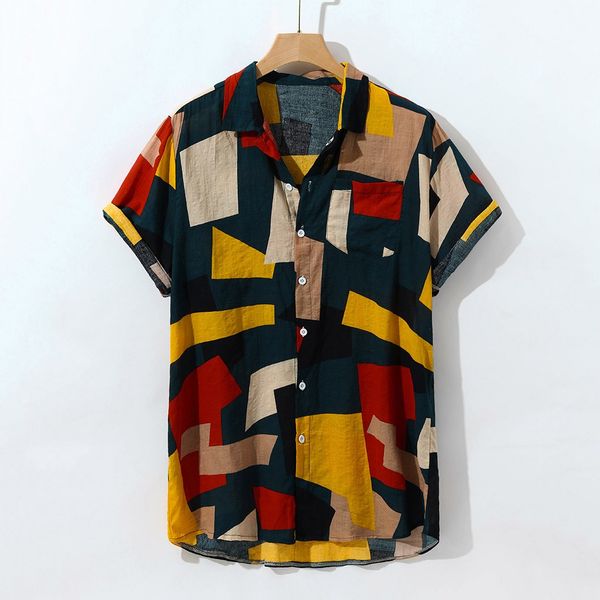 

cotton hawaiian shirt men turn down collar geometric print summer shirts 2019 casual streetwear mens clothing camisa masculina, White;black